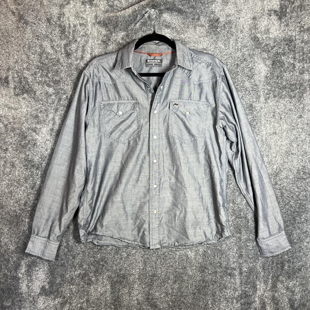 Simms Shirt Mens Small Gray Chambray Long Sleeve Snap Front Fishing Outdoor
